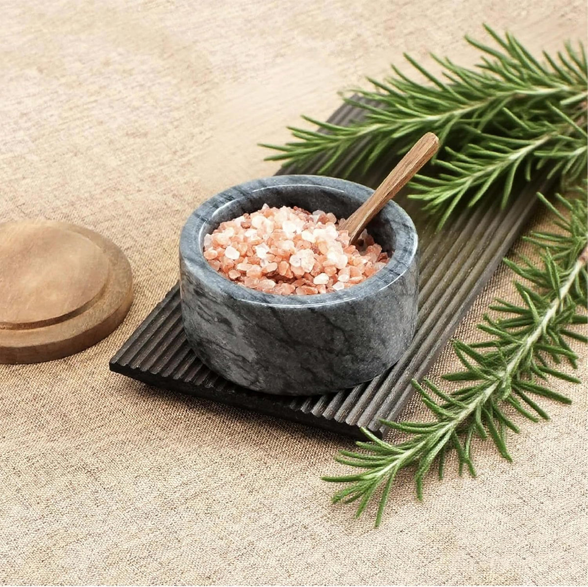 Marble Salt Cellar with Acacia Wood Lid and Spoon – 4-inch Salt Box with Spoon Slot, Kitchen Spice Container for Salt, Sugar, or Spices (Grey)