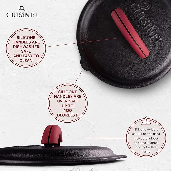 Cuisinel Cast Iron Lid - Fits 8"-Inch / 20.32cm Lodge Skillet, Frying Pans or Braiser + Silicone Handle Holder + Care Guide - Pre-Seasoned Replacement Cover - Indoor/Outdoor, Oven, Open Fire, BBQ Safe