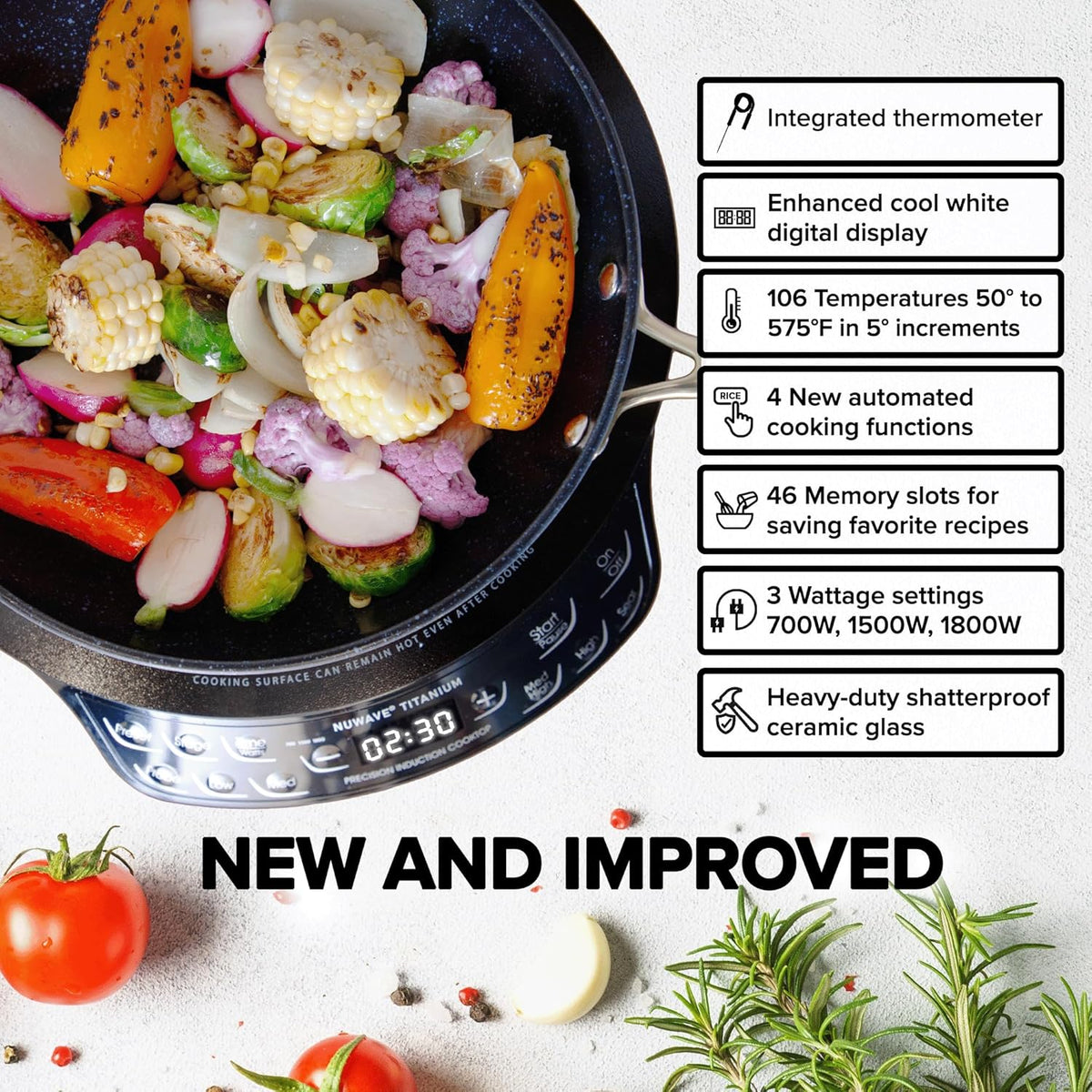 Nuwave Upgraded Induction Cooktop, 3 Wattage Control, Patented Digital Temp Probe, 8”Large Heating Coil, 12”Shatter-Proof Ceramic Glass,106 Temps-Ctrl