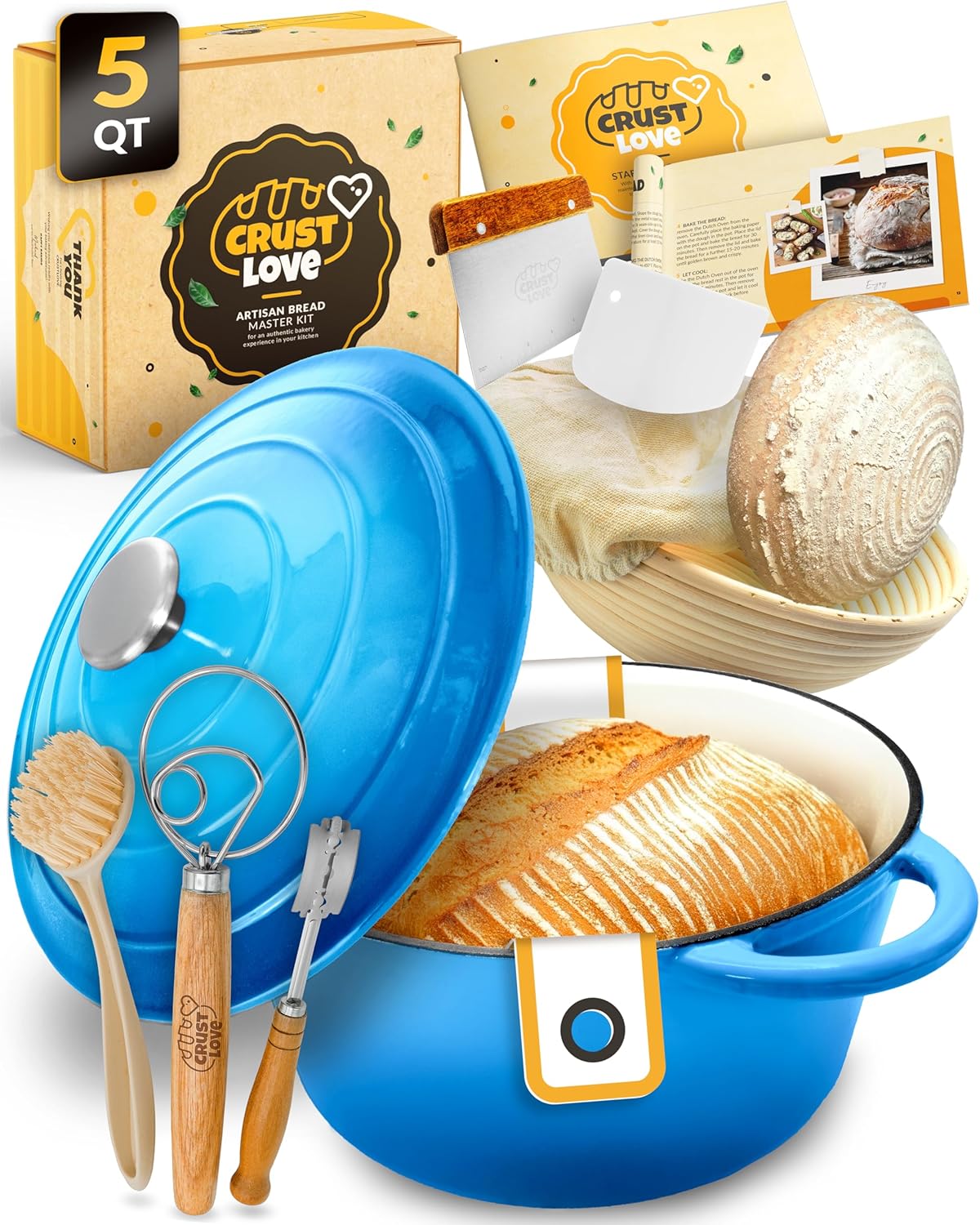 Dutch Oven for Bread Baking - incl. Sourdough Bread-Baking Supplies like Banneton Bread-Proofing Basket - 5QT Enameled Cast Iron Bread-Oven with Lid, Bread-Pan Sour Dough Starter Kit
