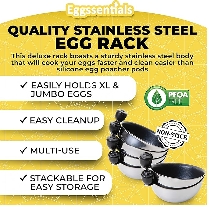 Eggssentials Egg Poacher Insert Stainless Steel Poached Egg Cooker Eggs Poaching Cup PFOA Free Egg Poachers Nonstick, 9 inches Rack, 6 Poached Cups