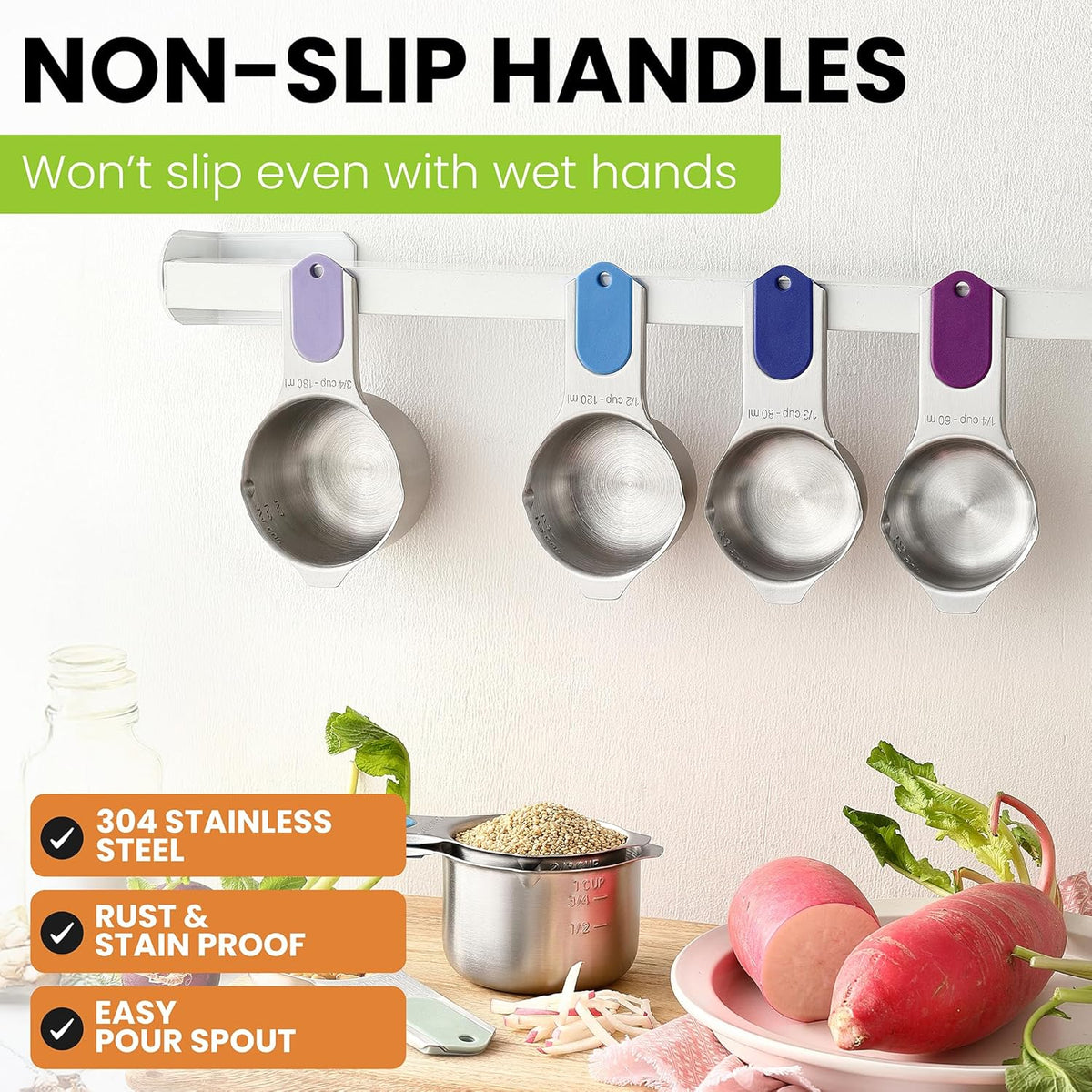 Spring Chef Magnetic Stainless Steel Measuring Cups, Patented, Kitchen Tools with Easy to Read Markings for Measuring Dry or Liquid Ingredients, Set of 7, Winter Frost