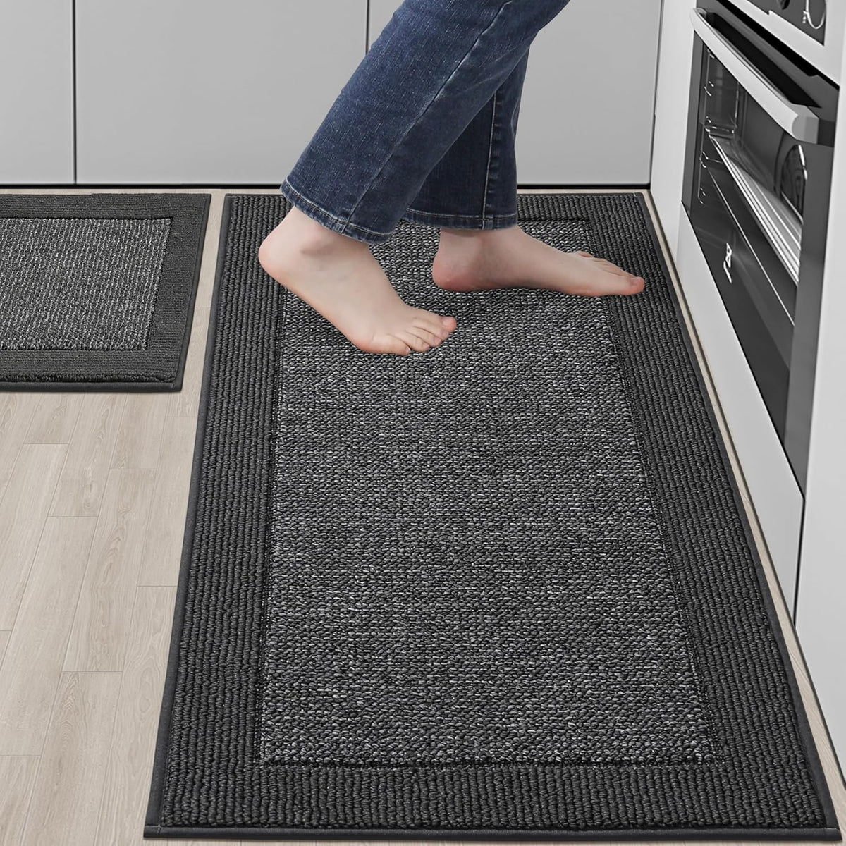 BEQHAUSE Kitchen Rugs and Mats Set of 2 Non-Slip Kitchen Mats for Floor, Absorbent and Stain Resistant Kitchen Runner, Machine Washable Rugs for Kitchen, Laundry & Sink, 20"x32"+20"x48", Charcoal