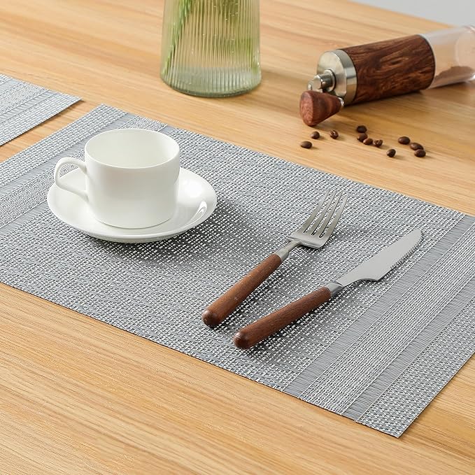 Leetaltree Lunar Grey Placemats Set of 8 - Heat Resistant Non-Slip Place mats for Dining Table, Washable Durable PVC Vinyl Woven Table Mats（Lunar Grey, 8）