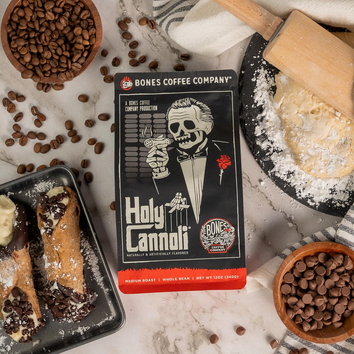 Bones Coffee Company Holy Cannoli, Baked Cannoli Flavored Coffee, Medium Roast Low Acid Arabica Beans Compatible with Auto drip and French Press Coffee Maker, 12 Oz Whole Bean