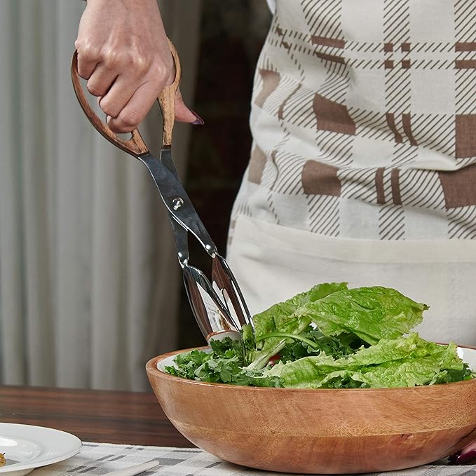 Folkulture Salad Tongs for Cooking | 11.5" Heat Resistant Kitchen Tongs, Salad Server or Metal Serving Utensil | Stainless Steel Cooking Accessory for Home, Buffet & BBQ | Wooden