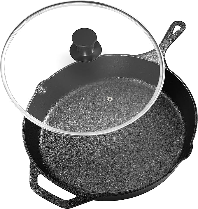 Utopia Kitchen Saute Fry Pan Pre-Seasoned Cast Iron Skillet With Lid, Frying Pan, Cast Iron Pan, Safe Grill Cookware for Indoor & Outdoor Use (1, Black, 10 Inch)