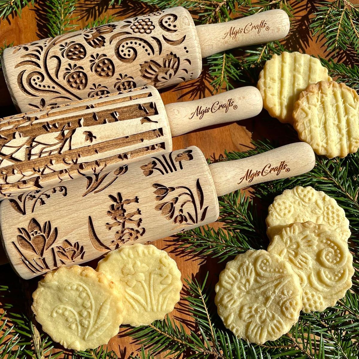 SEASONS 3 Mini Embossed Rolling Pin Set. Wooden Laser Cut Mini Rolling Pins for cookies or clay with spring flowers, tulips, daffodils, strawberries, raspberries, birch, trees by Algis Crafts
