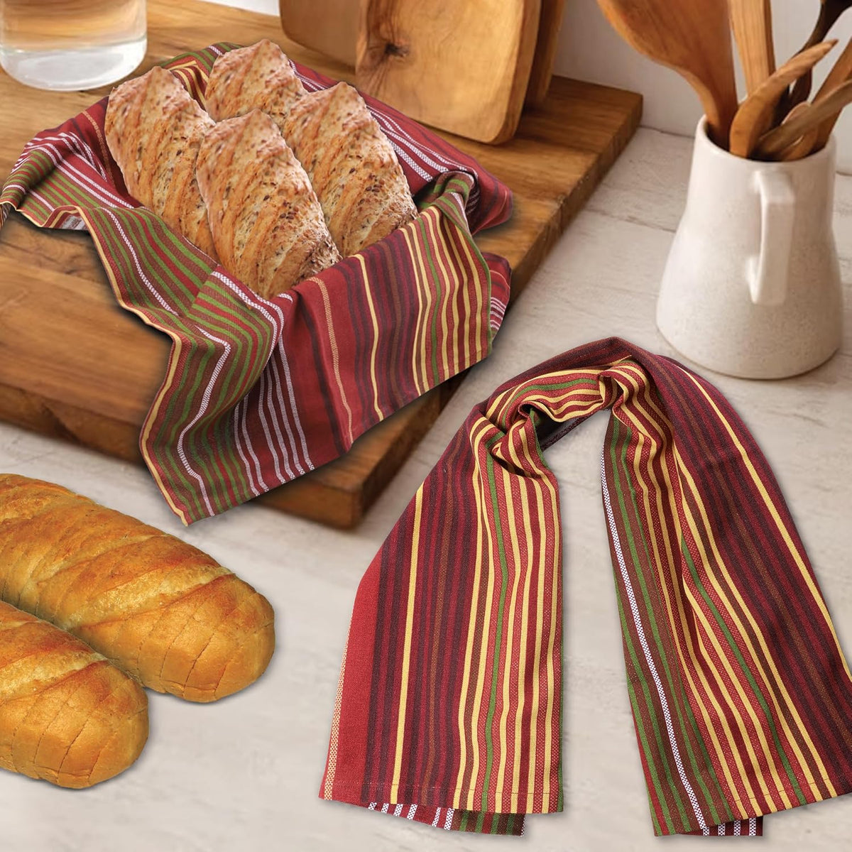 Urban Villa Fall Print Stripes Kitchen Towels Premium Quality 100% Cotton Harvest Dish Towels Mitered Corners Ultra Soft (Size: 20X30 Inch) Thanks Giving Highly Absorbent Tea Towels - (Set of 6)