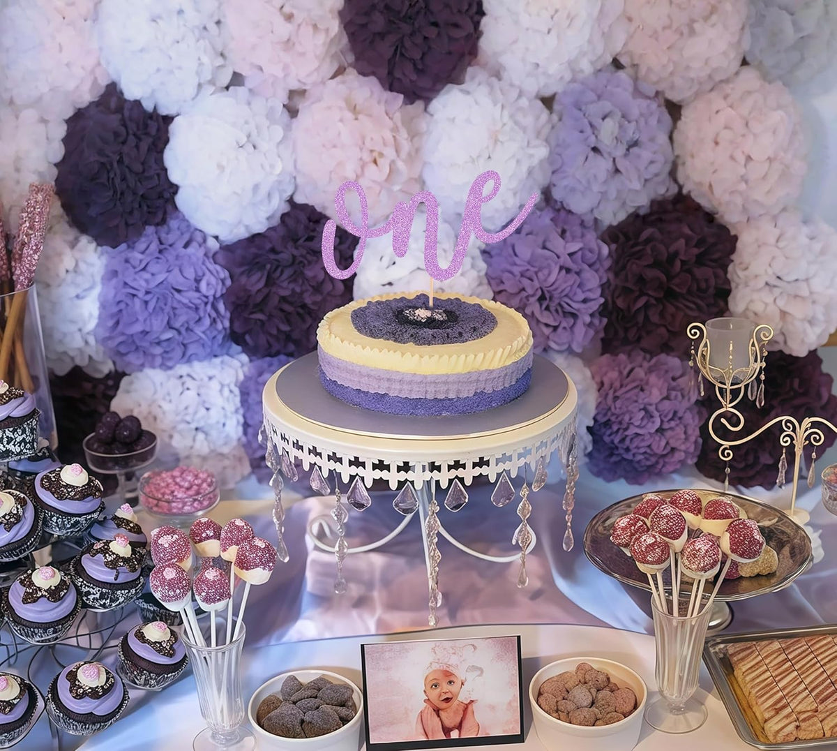 First Birthday Cake Topper - Purple Glitter One Cake Decorating Supplies for Girls and Boys, Perfect for Baby Shower/Gender Revealing Party Photo Booth Props