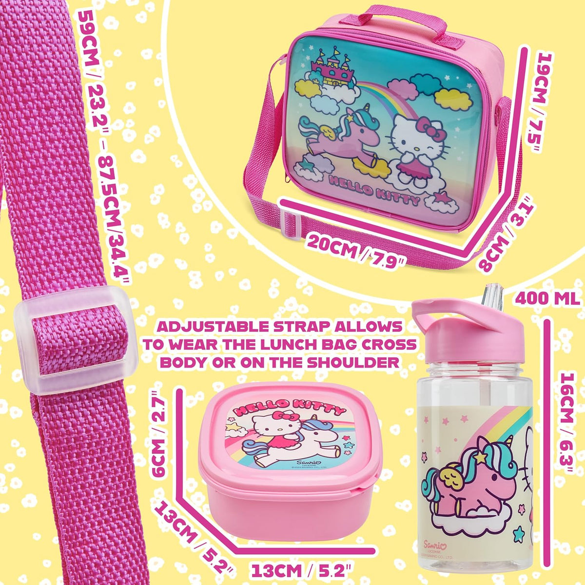 Get Trend Hello Kitty Kids Lunch Bag Set 3 Pc with Leak Proof Water Bottle and Small Lunch Box Insulated for School Daycare or Travel (Hello Kitty)