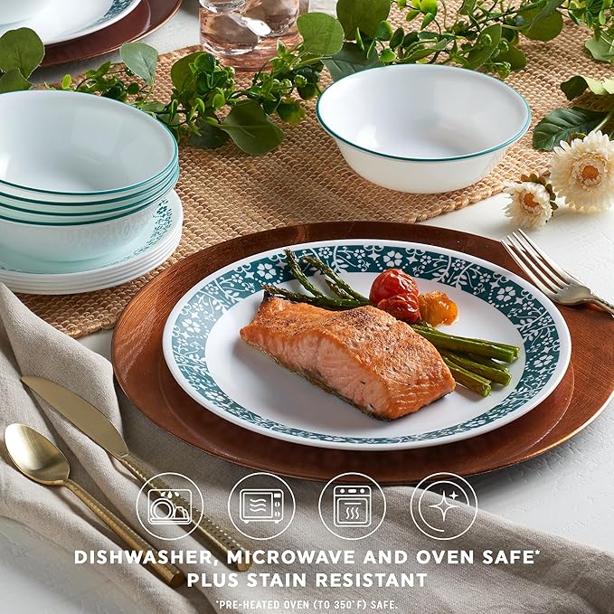 Corelle Vitrelle 18 Piece Glass Dinnerware Sets Service for 6, Triple Layer Chip & Crack Resistant Glass Plate and Bowl Sets, Penelope