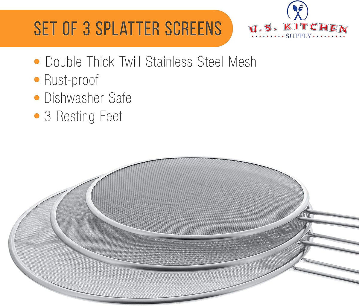 U.S. Kitchen Supply Set of 3 Stainless Steel Splatter Screen - 13", 11.5" & 9.5" Sizes - Fine Mesh Splatter Screen with Resting Feet Set, Grease Guard for Kitchen Pots and Pans