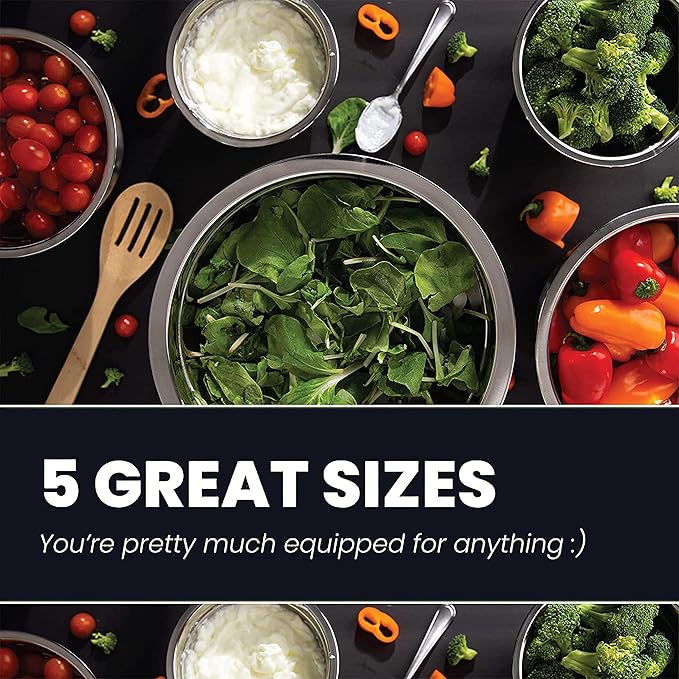WHYSKO Stainless Steel Mixing Bowl Set, 10 Piece Stainless Steel Mixing Bowls with Lids Set for Food Prep Storage and Serving, Dishwasher Safe for Kitchen Baking Cooking, Silver