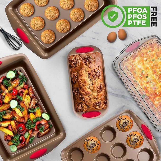 NutriChef 6-Piece Baking Pan Set - PFOA, PFOS, PTFE Free Flexible Nonstick Golden Coating Carbon Steel Bakeware - Professional Home Kitchen Bake Cookie Sheet Stackable Tray w/Red Silicone Handles