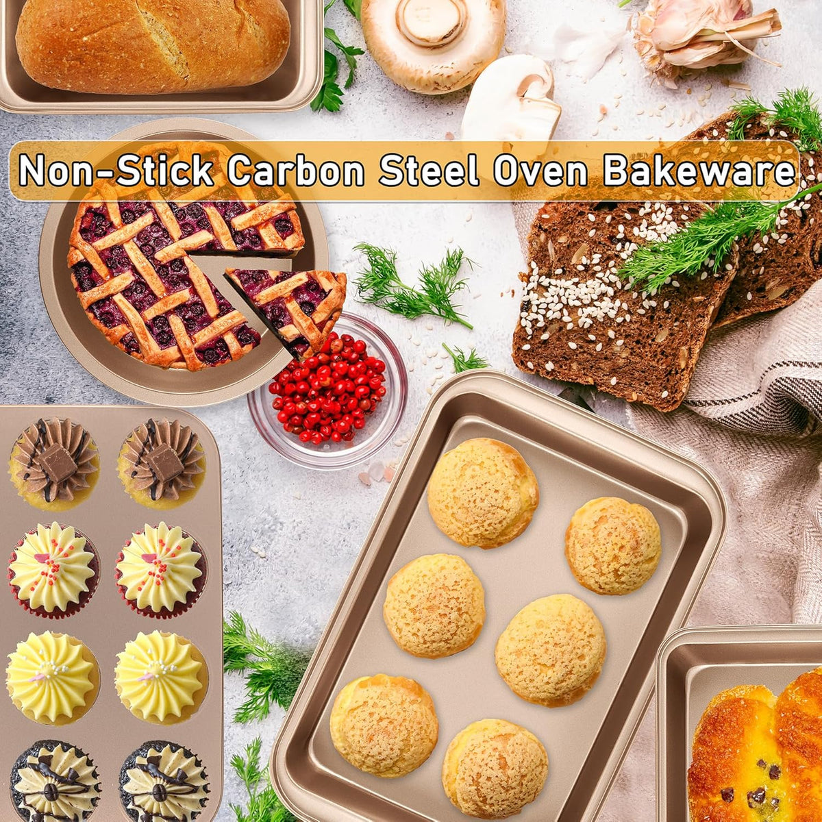 Nonstick Baking Pans Set, 5-Piece Kitchen Baking Sheets for Oven, Bakeware Sets with Round/Square Cake Pan, Muffin Pan, Loaf Pan, Roast Pan, mobzio Cookie Sheet Set Baking Supplies (Champagne Gold)