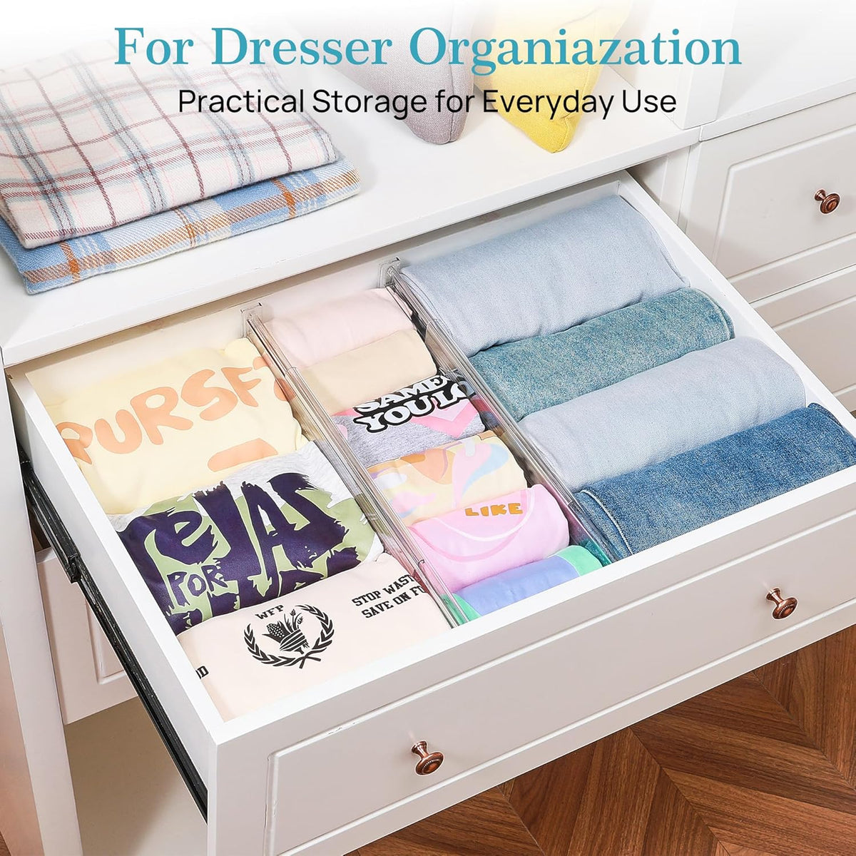 Vtopmart 12 Pack 4" Regular Upgrade Drawer Dividers for Clothes, 12.8"-22.3" Expandable Dresser Drawer Organizer, Clear Plastic Separators for Dresser, Baby Clothing, Underwear, Cosmetic, Toiletries