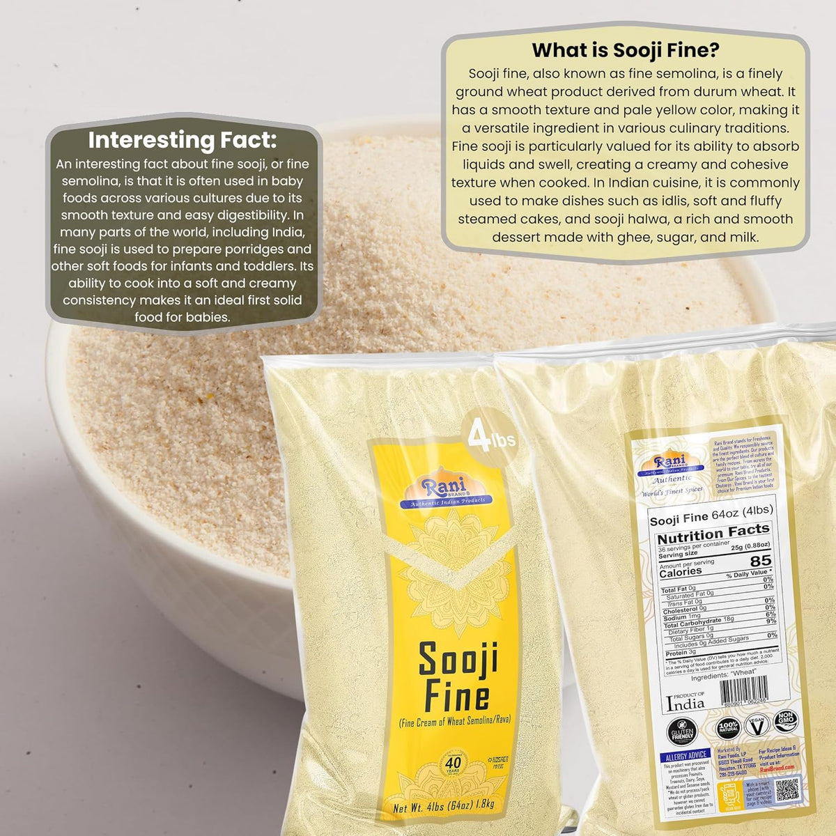 Rani Sooji Fine (Farina, Suji, Rava, Wheat) Flour 64oz (4lbs) 1.81kg Bulk ~ All Natural | Vegan | NON-GMO | Kosher | Indian Origin