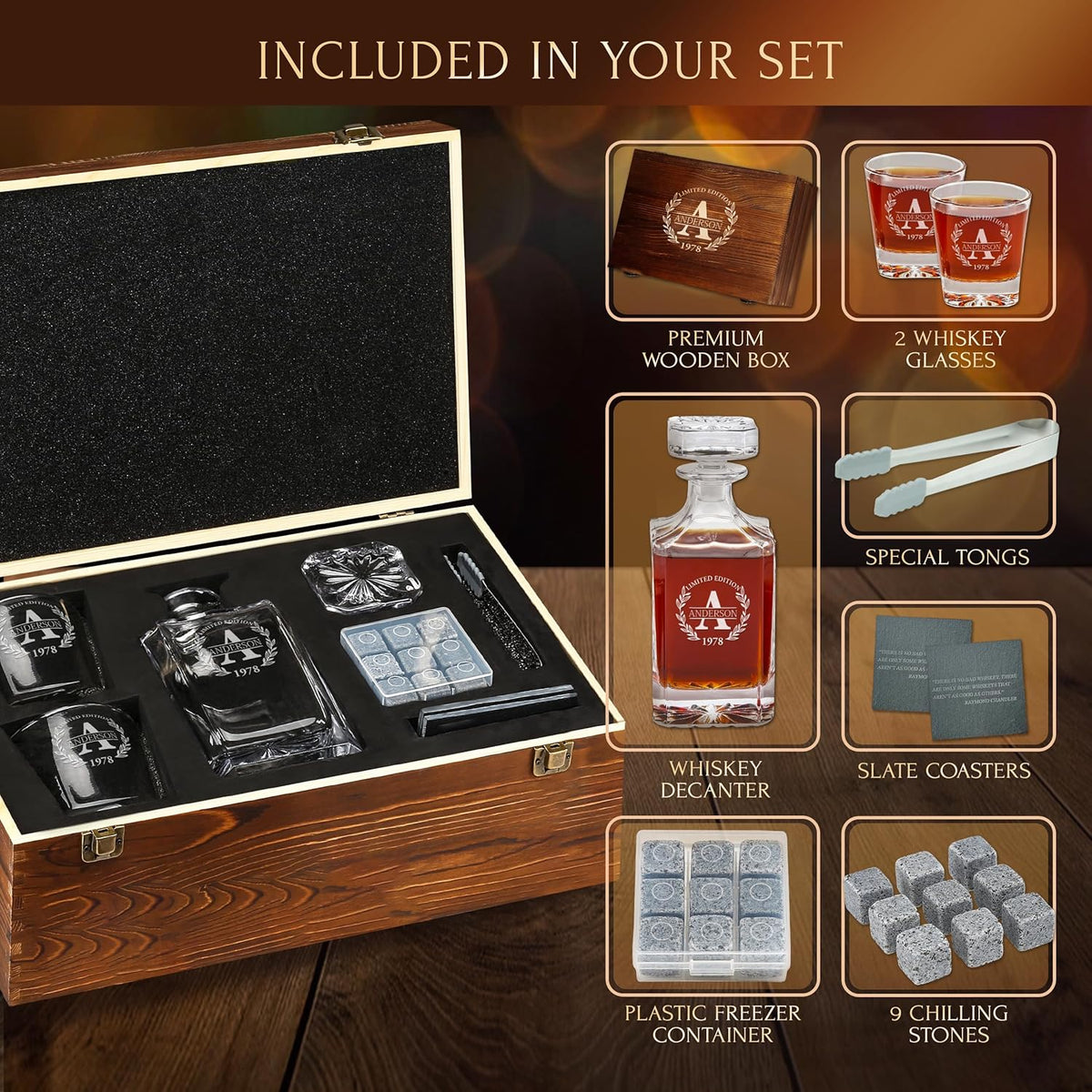 Personalized Whiskey Decanter and Stones Set - Customized Gift for Him - Men, Dad, Father - Engraved Classic Decanter, Glasses, 9 Granite Stones in Container, Coasters, Tongs in Wooden Gift Box
