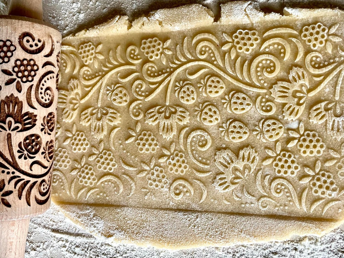 SEASONS 3 Mini Embossed Rolling Pin Set. Wooden Laser Cut Mini Rolling Pins for cookies or clay with spring flowers, tulips, daffodils, strawberries, raspberries, birch, trees by Algis Crafts
