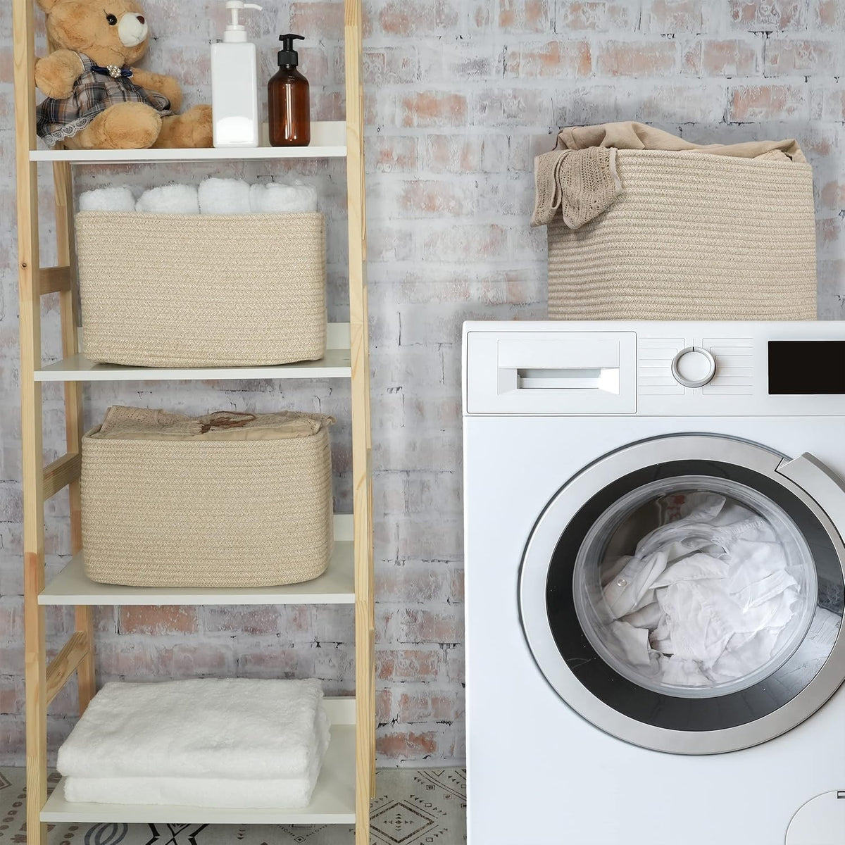 Rope storage Basket Bins Woven Basket for Organizing Shelves Rectangle Decorative Baskets For storage Clothes Toys Books Towels Square Wicker Nursery basket organizer 3 pack Oatmeal