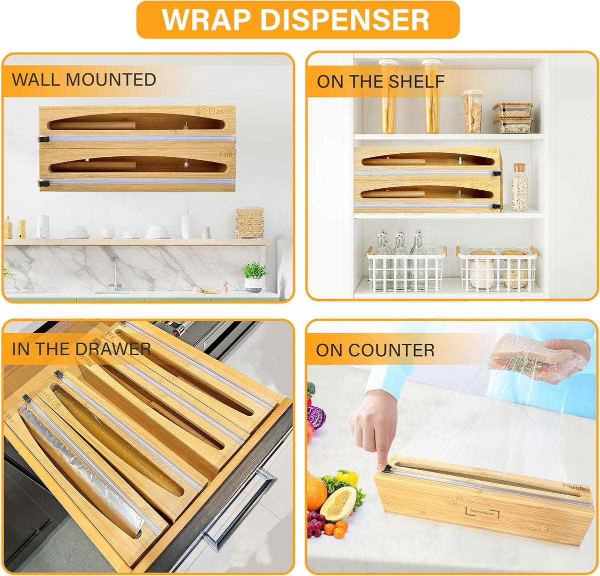Wrap Organizer Dispenser with Cutter, (2 Piece Set), Fits 12" Rolls, Plastic Wrap, Aluminum Foil, Wax Paper, Saran Wrap, Cling Wrap Holder for Kitchen Storage, Mountable, Bamboo