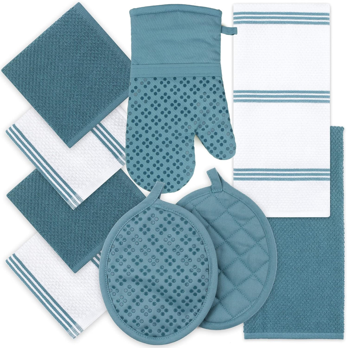 Sticky Toffee 9-Piece Kitchen Set – Blue 100% Cotton Terry Dish Towels, Dishcloths, Oven Mitts, and Pot Holders with Non-Slip Silicone, Oeko-Tex Certified