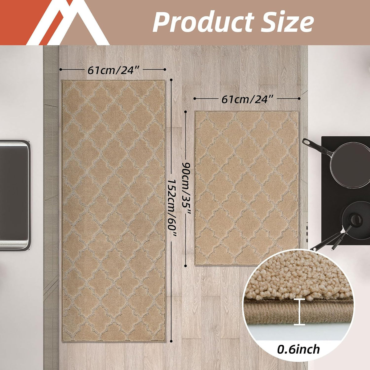 COSY HOMEER Soft Kitchen Rugs [2 PCS] for in Front of Sink Super Absorbent Kitchen Floor Mats and Mats 24x35 Inch/24X60 Non-Skid Kitchen Mat Standing Mat Washable,Polyester,Beige