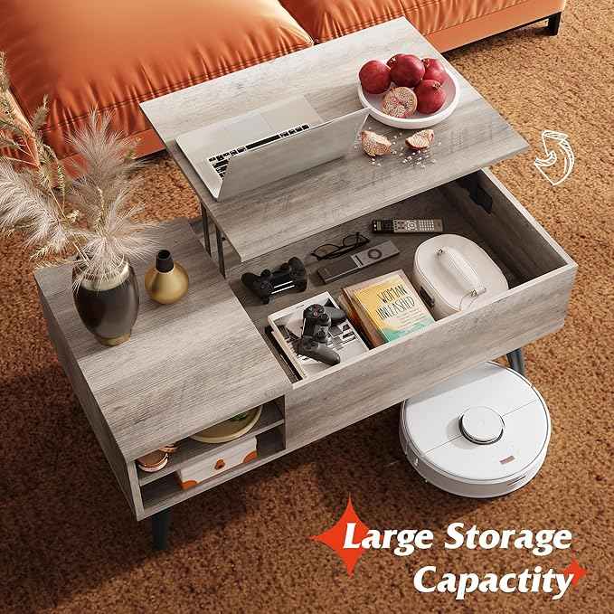 WLIVE Lift Top Coffee Table for Living Room,Small Coffee Table with Storage, Adjustable Shelf and Storage Compartment, Mid Century Modern Living Room Table, Greige