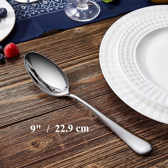 KEAWELL Premium Verona 4-Piece 9 inch Spoon Set – 18/10 Stainless Steel, Heavy-Duty Mirror-Finished Silverware for Daily Meals, Hosting and Special Occasions (4, Serving Spoons)