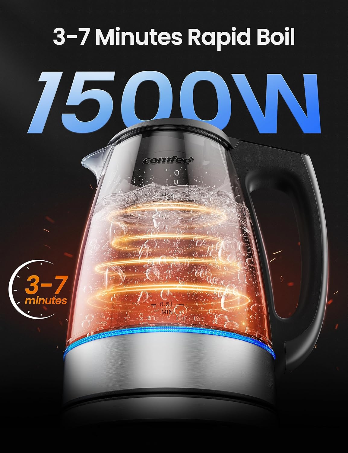 COMFEE' 1.7L Glass Tea Kettle and Kettle Water Boiler - Electric Kettle Temperature Control with 6 Presets, 2-Hr Keep Warm, Fast Heating, 304 Stainless Steel, Auto-Off and Boil-Dry Protection