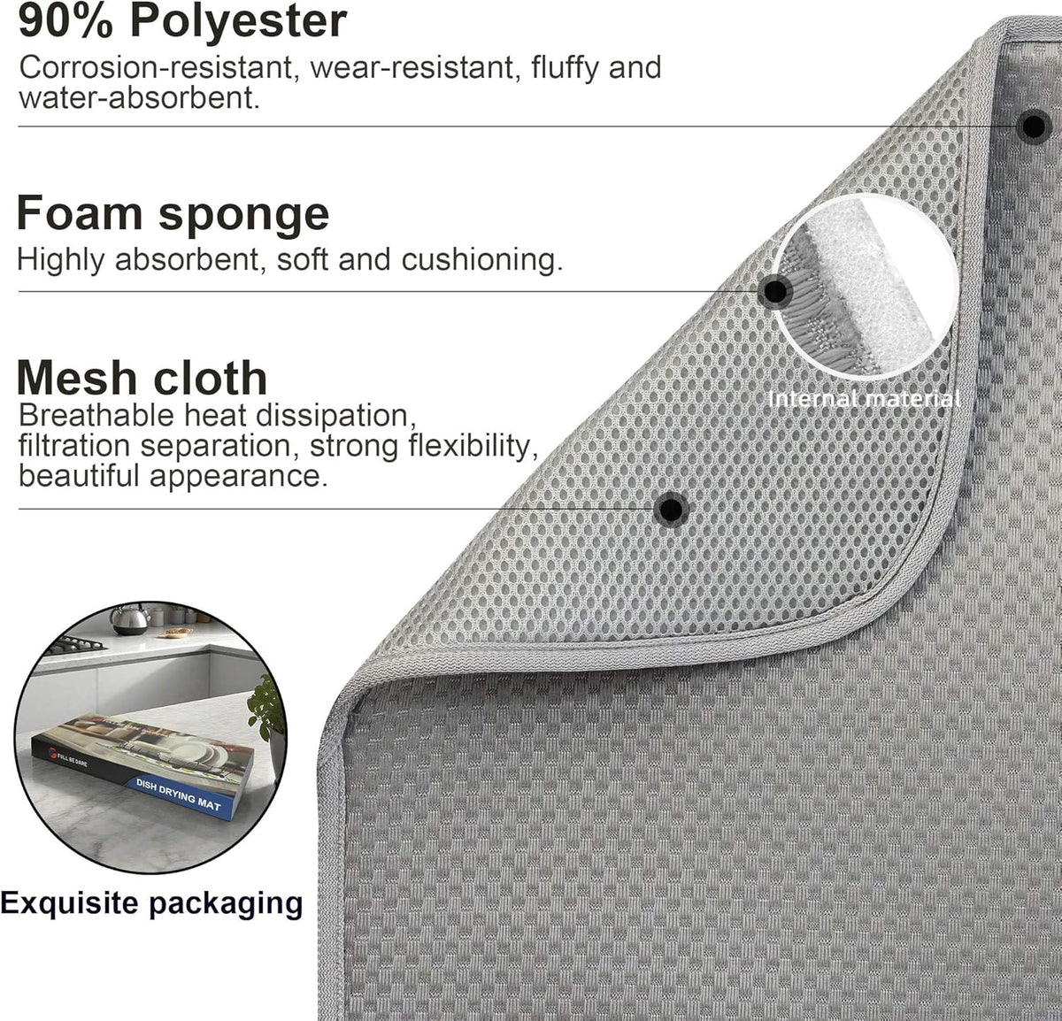 2 Pack Dish Drying Mat, Dish Drying Mats for Kitchen Counter, Microfiber Dish Dryer Mat, Large 20" x 15" Drainer Mats, Highly Absorbent, Machine Washable (Gray)