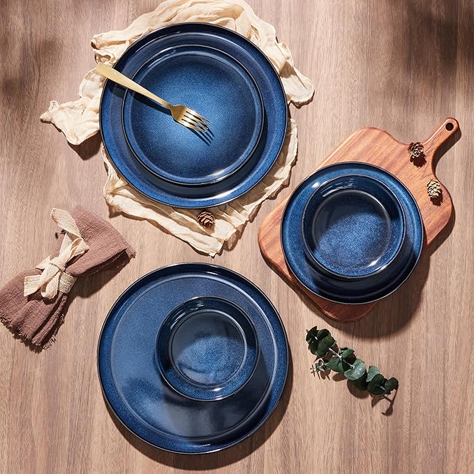 E-far Dinnerware Sets for 2, 6-Piece Stoneware Plates and Bowls Set, Ceramic Dishes Reactive Glaze Dinning Ware, Microwave & Dishwasher Safe - Deep Sea Blue