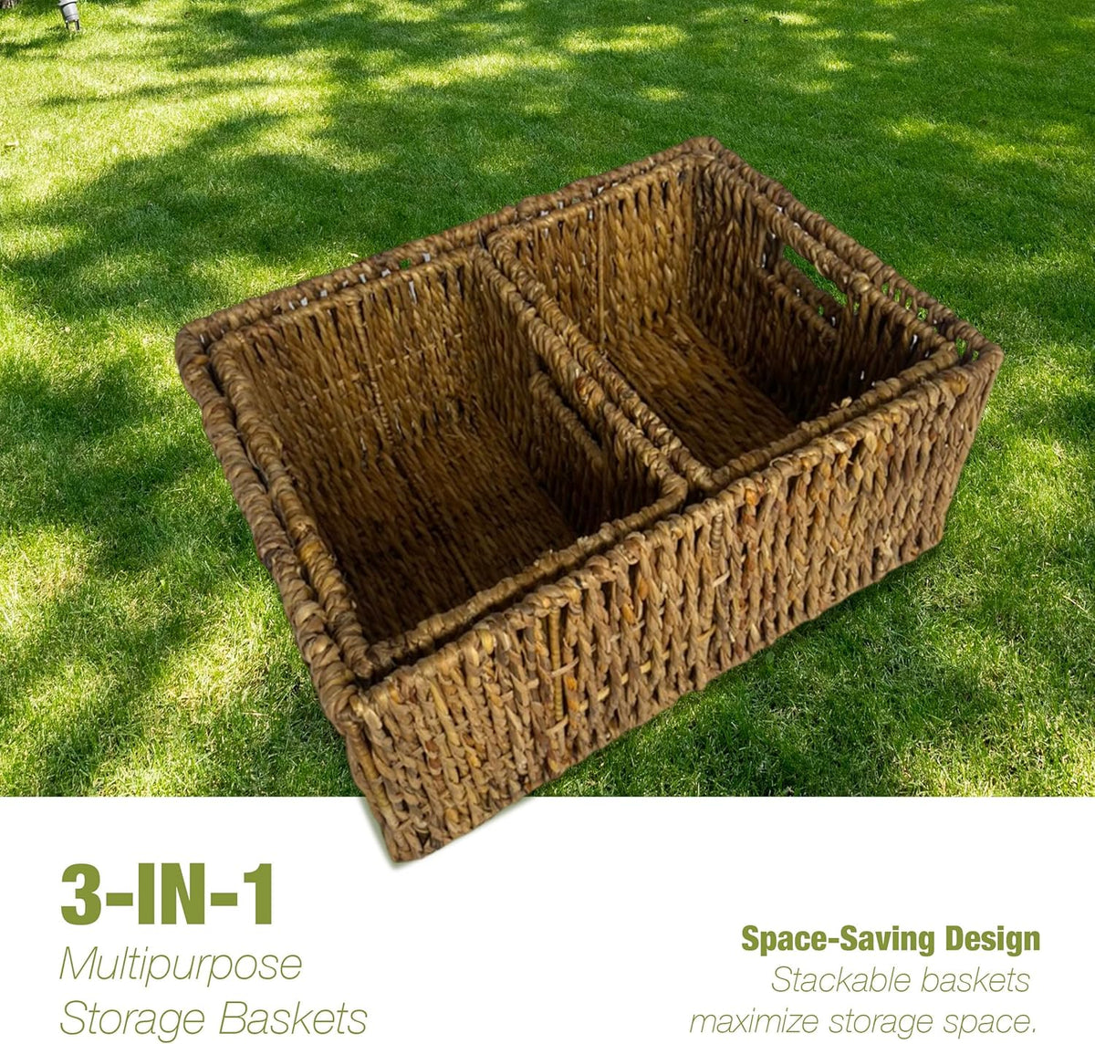 Wicker Basket Set – Stackable Storage Bins for Organizing Pantry & Kitchen – 1 Large Basket + 2 Small Baskets with Handle – Wicker Storage Baskets for Shelves & More