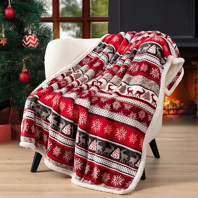 PAVILIA Premium Christmas Sherpa Throw Blanket | Christmas Decoration Reindeers, Fleece, Plush, Warm, Cozy Reversible Microfiber Holiday Blanket 60x80