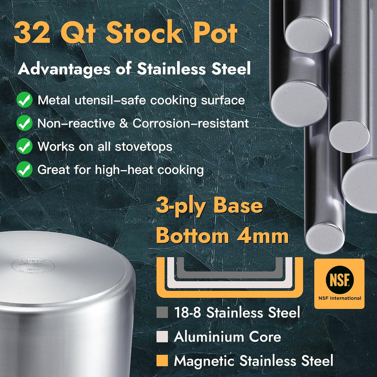 CURTA 32 Quart Large Stock Pot with Lid, NSF Listed, Induction Ready, 3-Ply Clad Base, 18/8 Stainless Steel Cooking Pot, Commercial Cookware for Soup, Stew & Sauce, Riveted Silicone Handle