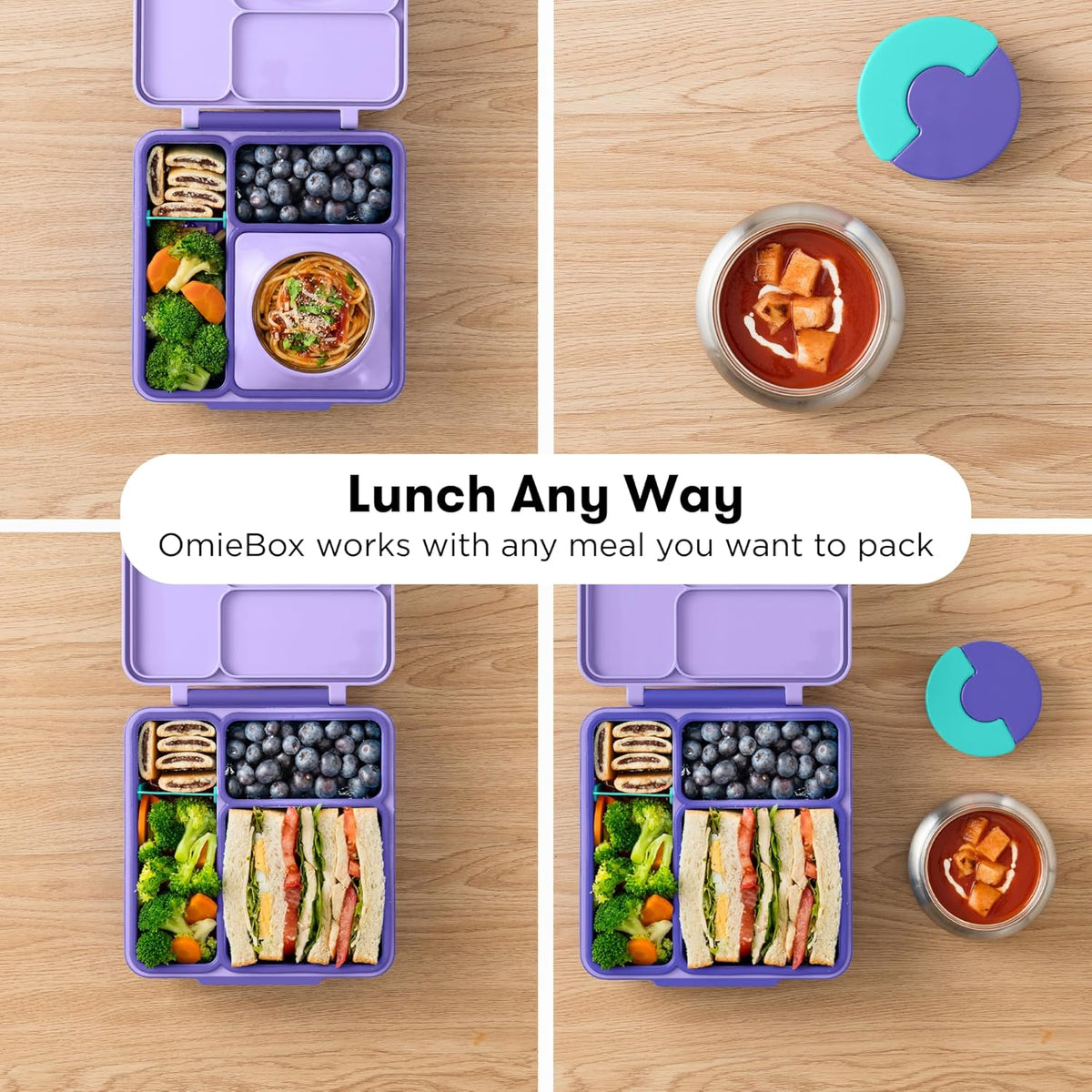 OmieBox Bento Box for Kids - Insulated Bento Lunch Box with Leak Proof Vacuum Insulated Food Jar - 3 Compartments, Two Temperature Zones (Purple Plum)