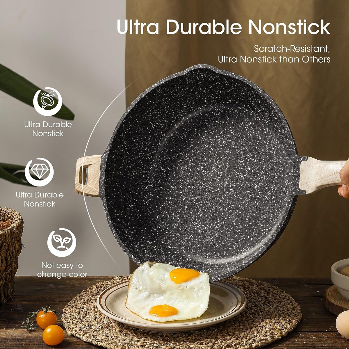 CAROTE 12.5 Inch Nonstick Deep Frying Pan with Lid, 6.5 Qt Jumbo Cooker Saute Pan with Pour Spout, Skillet Induction Cookware, Non Stick Cooking Pan PFOA Free, Classic Granite