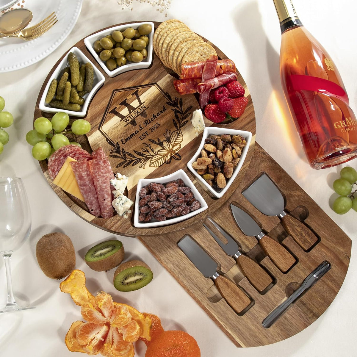 Personalized Charcuterie Board Gift Set, Acacia Cheese Board with Ceramic Bowls, Wedding Gifts for Couples, Housewarming Gift, Birthday Gifts for Women and Men, Custom Engraved Gift