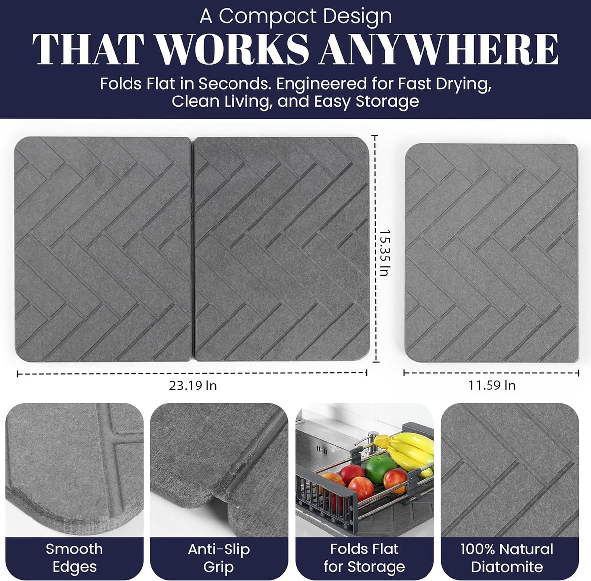 Large Folding Stone Dish Drying Mat for Kitchen Counter – Super Absorbent Diatomite Pad for Dishes, Cups & Bottles – Quick Dry, Space-Saving, Multi-Use Kitchen, Bath & Pet Mat – 23”×15.3”
