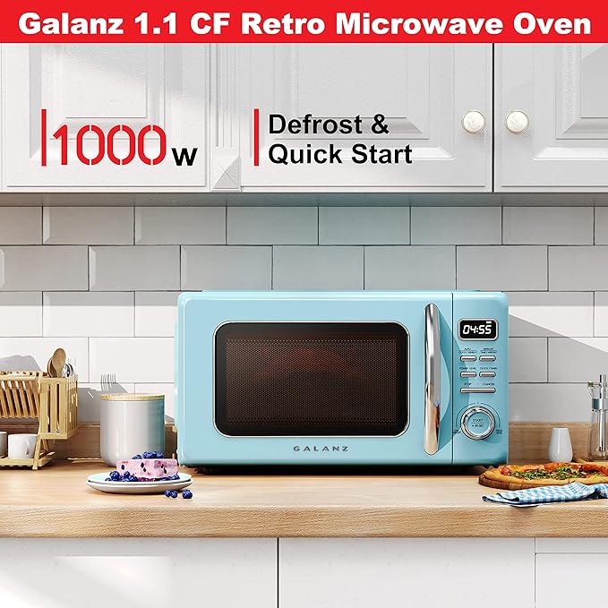 Galanz GLCMKZ11BER10 Retro Countertop Microwave Oven with Auto Cook & Reheat, Defrost, Quick Start Functions, Easy Clean with Glass Turntable, Pull Handle, 1.1 cu ft, Blue