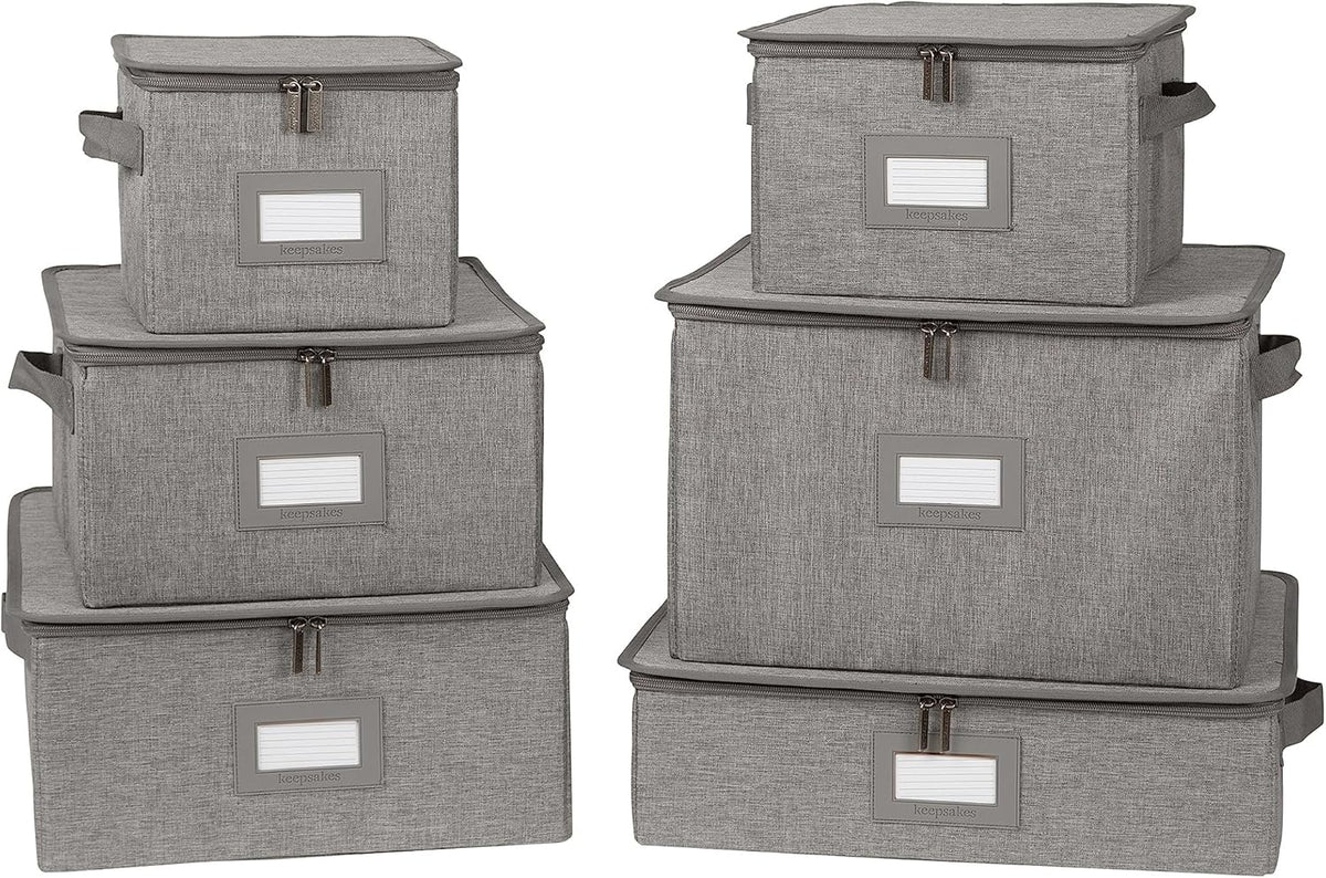 Covermates Keepsakes Dish Storage Box - Stackable, Reinforced Handles, China Storage, Grey Heather