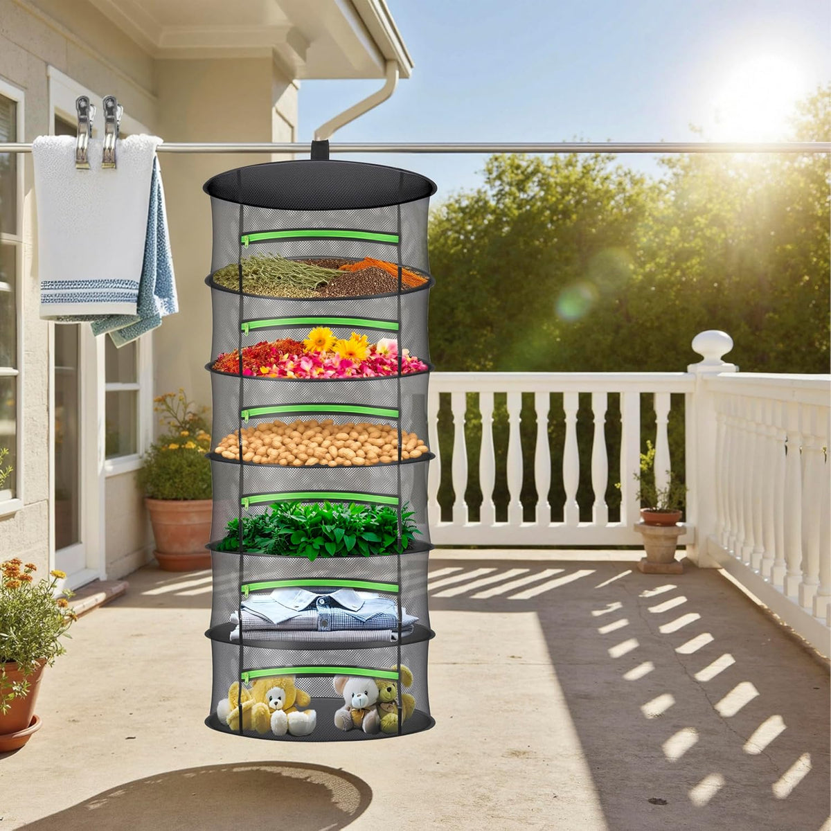 Herb Drying Rack with Mesh Design - Hanging Herb Dryer with Green Zipper for Garden, Home, Indoor or Outdoor Use (8layer)