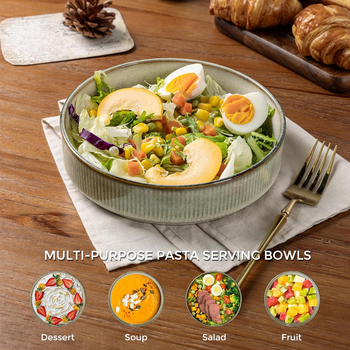 GBHOME 7.5'' Stoneware Pasta Bowls, Serving Bowls Set of 6 for Kitchen, Double Reactive Glaze Bowls for Fruit,Pasta,Salad,Oatmeal,Meal, Microwave Safe (6 pcs)