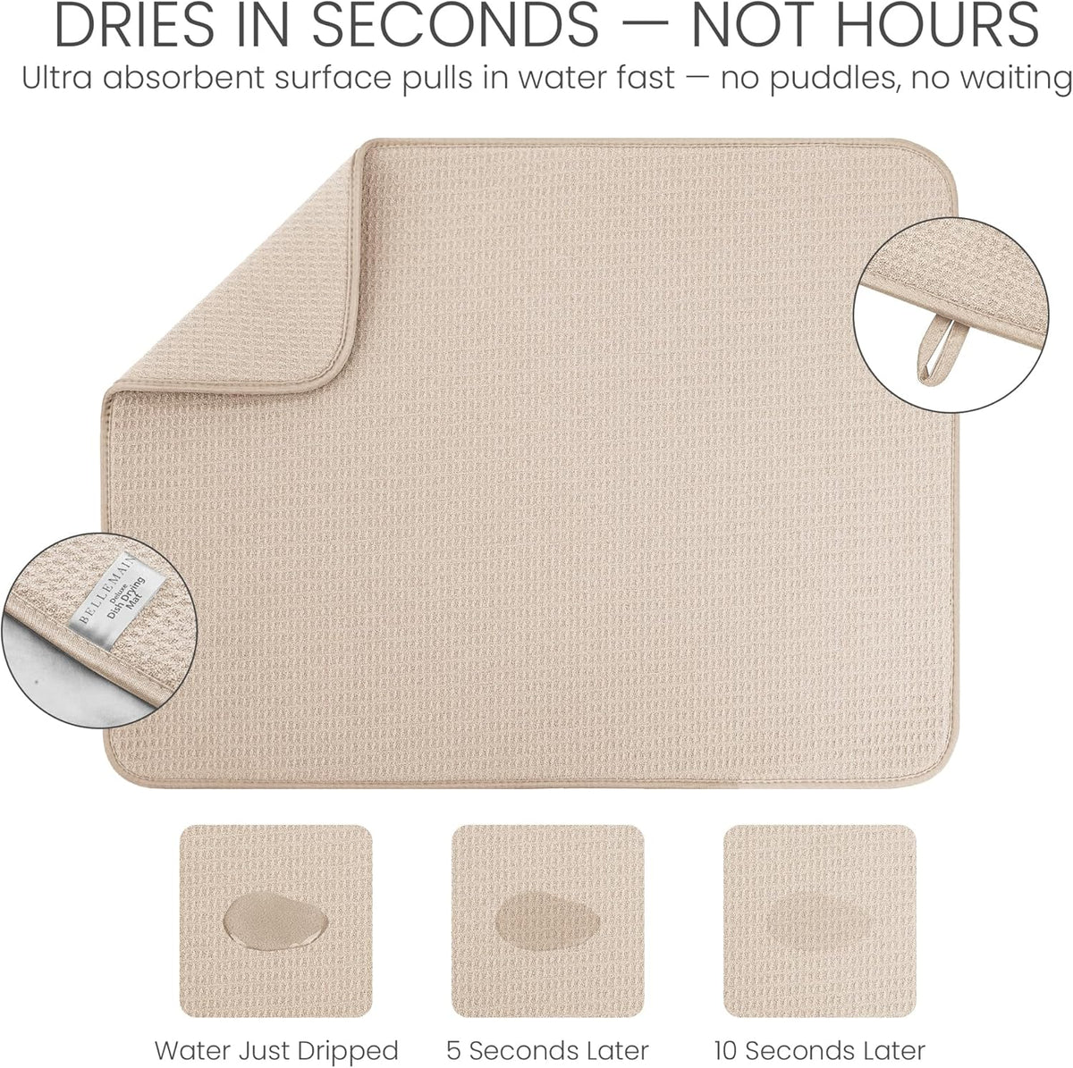 Bellemain XXL Dish Mat 24" x 17" ( LARGEST MAT ) Microfiber Dish Drying Mat , Super absorbent ( Ivory )