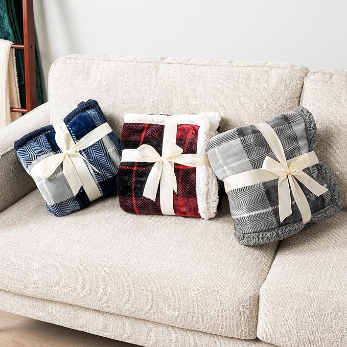 PAVILIA Light Grey Plaid Sherpa Throw Blanket for Couch, Plush Flannel Fleece, Soft Fuzzy Cabin for Sofa Bed, Warm Cozy Winter Gift, 50x60