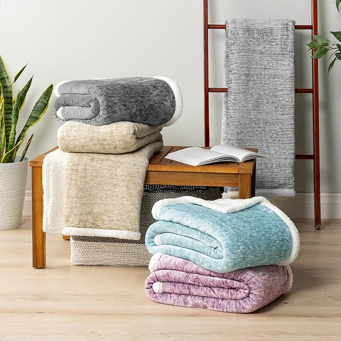 Premium Sherpa Melange Throw Blanket for Couch, Sofa by Pavilia | Soft, Fluffy, Plush, Warm, Cozy | Light Gray Fuzzy Lightweight Microfiber, Luxury Modern Reversible TV Blanket | 50 x 60 Inches
