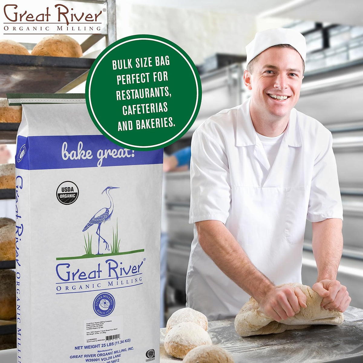 Great River Organic Milling Organic Unbleached Wheat Bread Flour | Artisan Bread Flour for Baking | Multi-Purpose Wheat, Unbromated, Non-GMO, Kosher | 25 Lb (Pack Of 1)