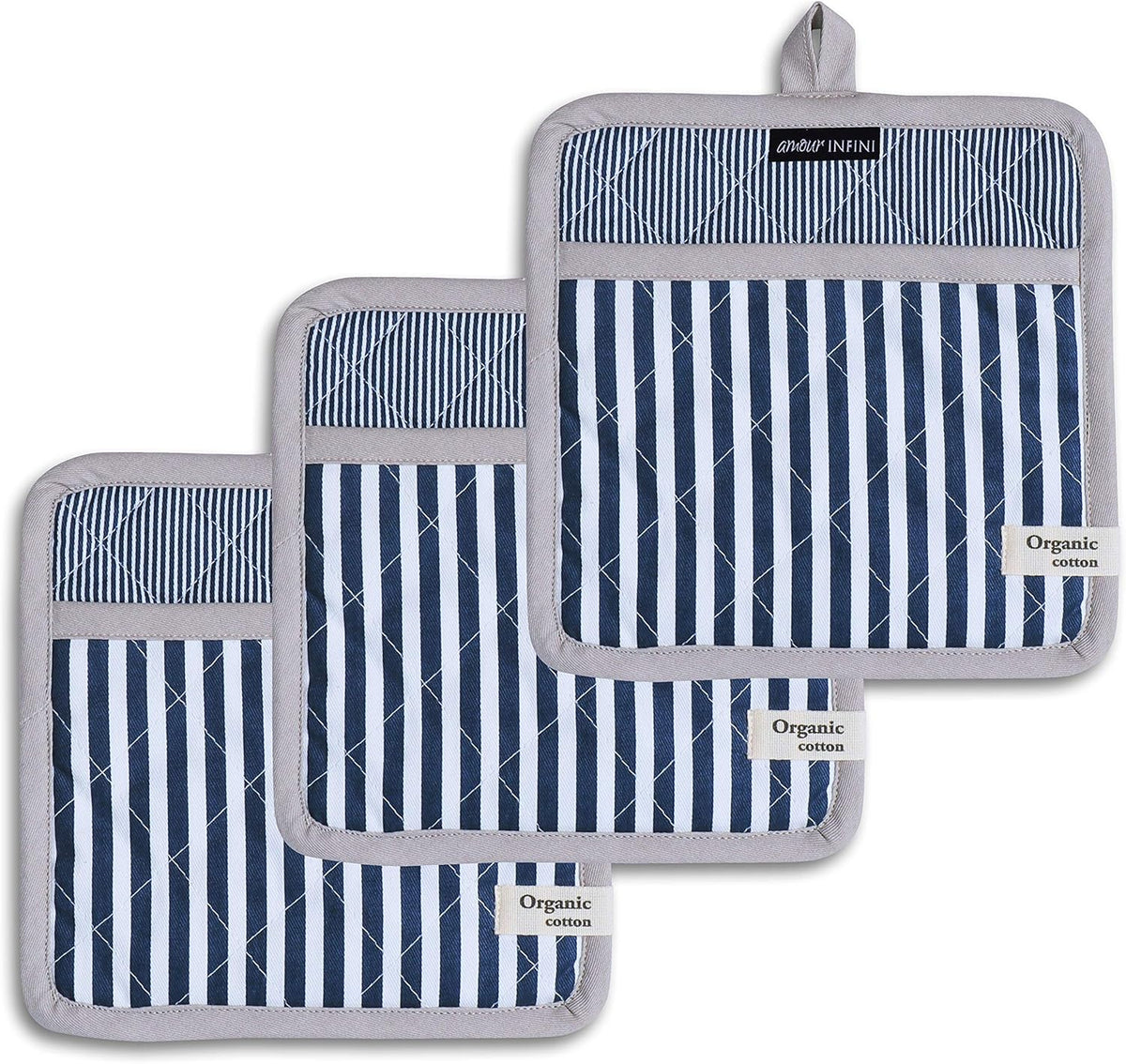 AMOUR INFINI Pot Holders Heat Resistant Cotton Set of 3 Nonslip 8"x8" Inch Hot Pads for Kitchen, BBQ, Baking & Cooking with Hanging Loops (Stripe Blue)