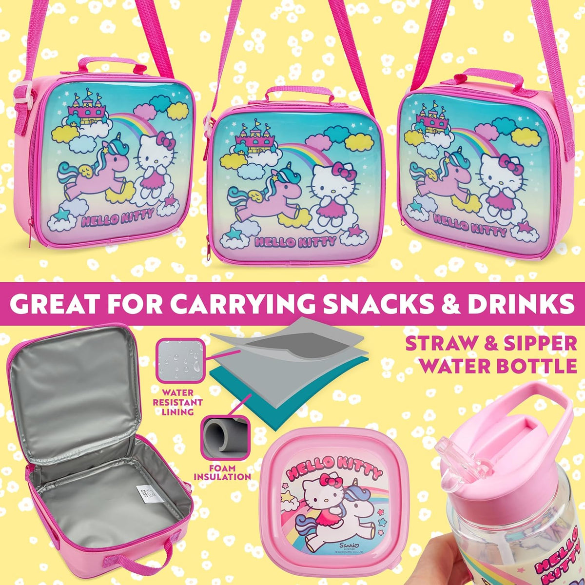 Get Trend Hello Kitty Kids Lunch Bag Set 3 Pc with Leak Proof Water Bottle and Small Lunch Box Insulated for School Daycare or Travel (Hello Kitty)